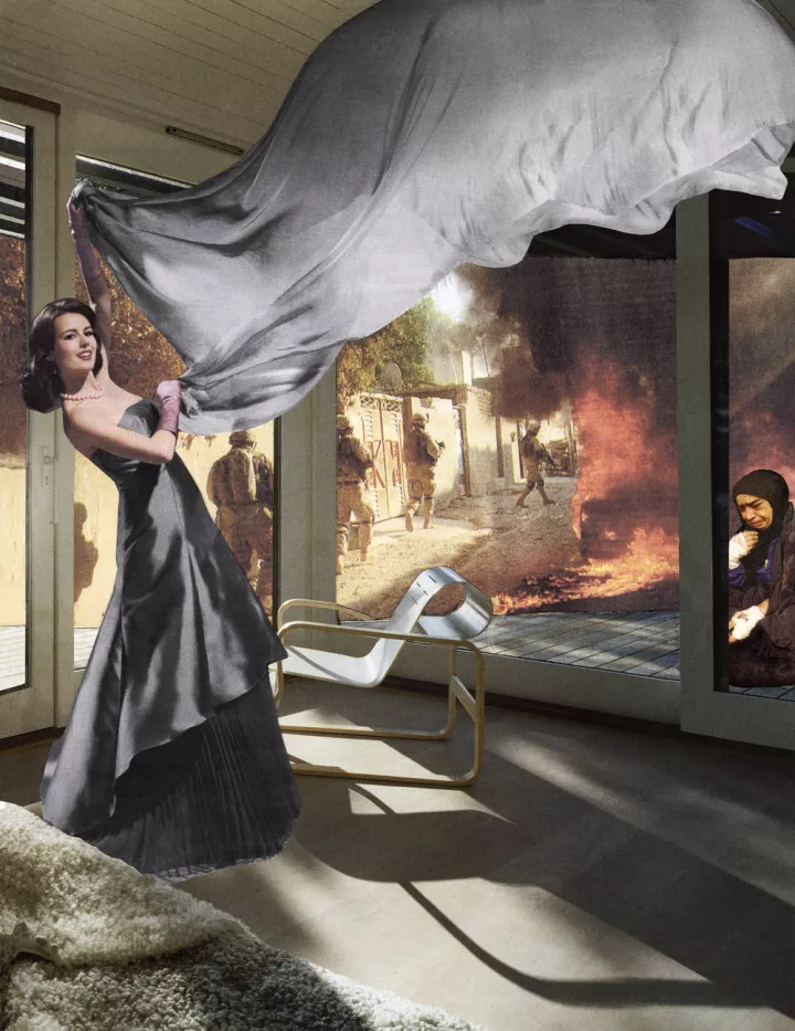 Martha Rosler, "The Gray Drape", aus der Serie "House Beautiful: Bringing the War Home, New Series", 2008, Fotomontagen. Courtesy: The Artist, Galerie Nagel Draxler Berlin/ Köln/ München
