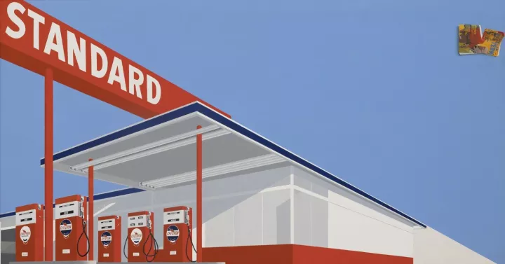 Ed Ruscha. Standard Station, Ten-Cent Western Being Torn in Half. 1964. Oil on canvas. Private Collection, Fort Worth. © Edward Ruscha. Photo © Evie Marie Bishop, courtesy of the Modern Art Museum of Fort Worth