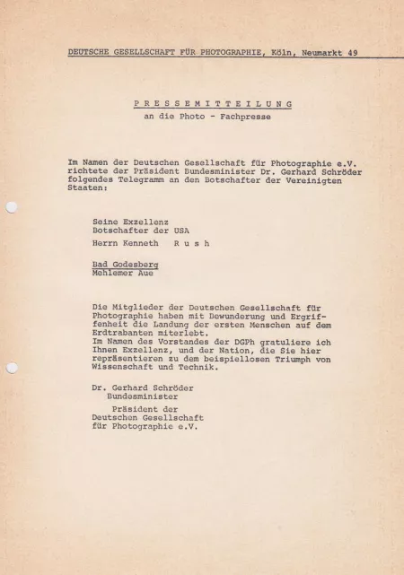 Pressemitteilung über Glückwunsch an den amerikanischen Botschafter, 1969