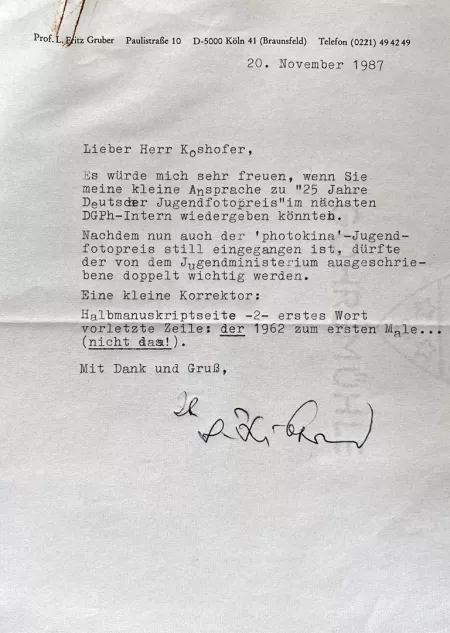 Schreiben L. Fritz Gruber an Gert Koshofer vom 20. November 1987