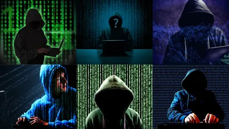 „The hooded man at the computer: What are cyber images telling us?”; Komposition "cliched" cyber image: Im Uhrzeigersinn von oben nach unten: Bild1: Flickr, Christoph Scholz; Bild 2: Pixaby; Bild 3, PICSHADOW8672, Pixahive; Bild 4: Flickr, Richard Patterson, Bild 5: Pixaby; Bild 6: Wikimedia Commons, David Whelan. © Esther Gabrielle Kersley