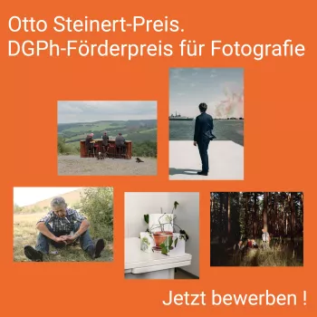 Otto Steinert-Preis. DGPh-Förderpreis für Fotografie: Ausschreibung 2023. Fotos, v.l.n.r im Uhrzeigersinn: Magnus Terhorst, Definition von Glück | Rafael Heygster, I died 22 times | Ina Schoenenburg, Blickwechsel | Georg Brückmann, Konstruktionen der Wirklichkeit| Pepa Hristova, Sworn Virgins (Preisträger*innen 2021, 2019, 2017, 2015 und 2009)